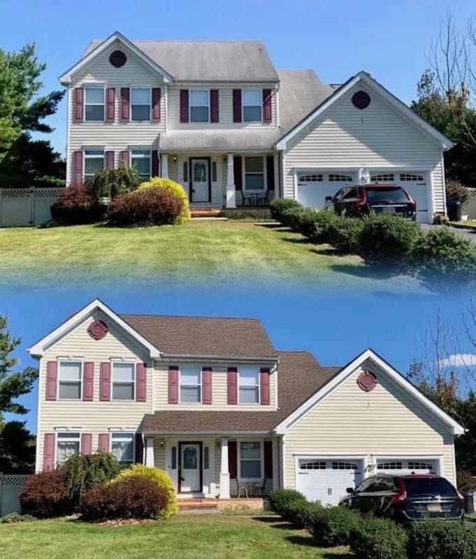 Before and after: the same two-storey house with a worn gray roof, then a new brown shingle roof